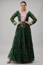 Green Georgette Printed Flared Anarkali Kurti with Mirror Work