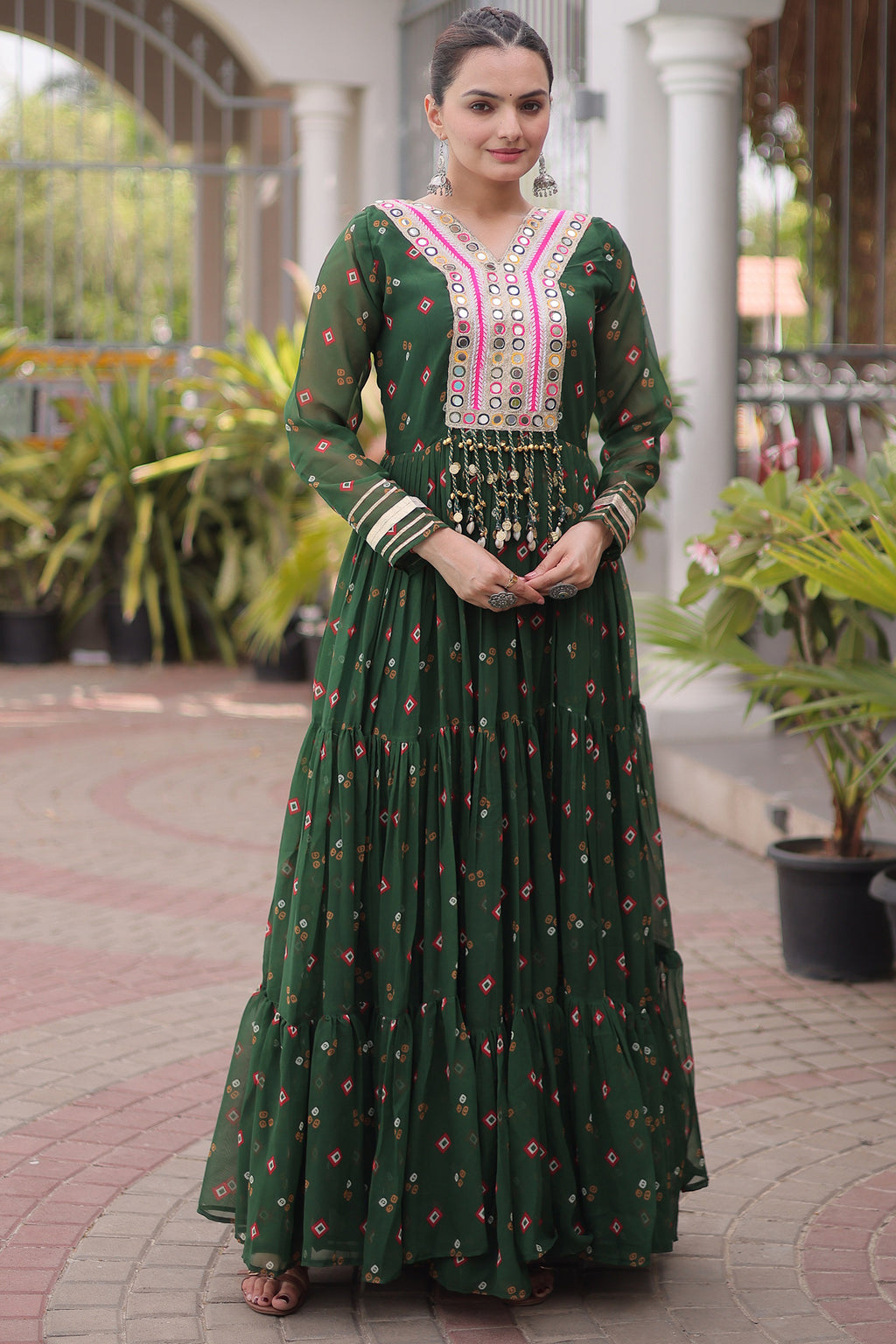 Green Georgette Printed Flared Anarkali Kurti with Mirror Work