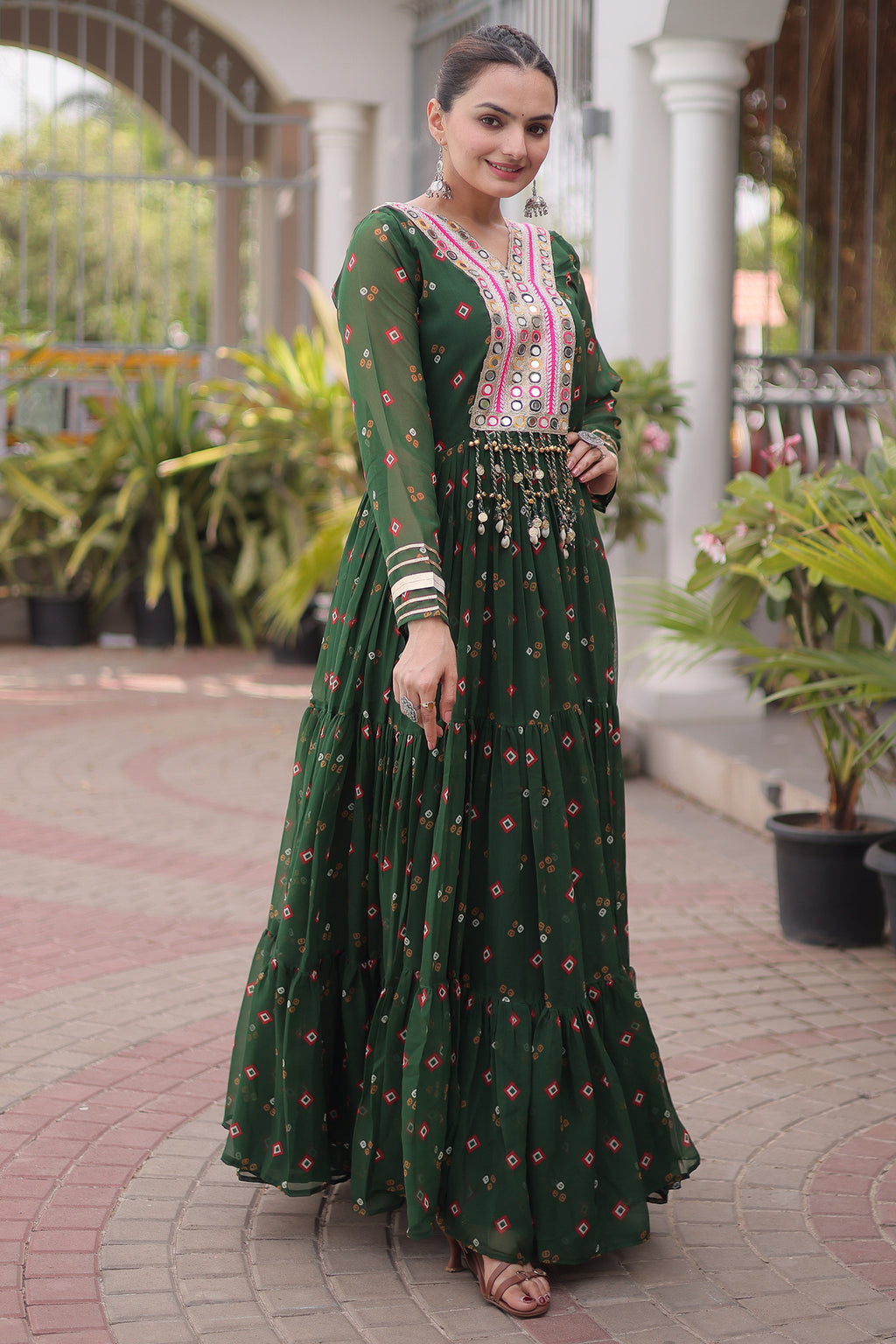 Green Georgette Printed Flared Anarkali Kurti with Mirror Work