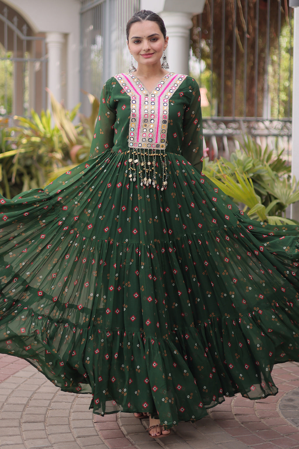 Green Georgette Printed Flared Anarkali Kurti with Mirror Work
