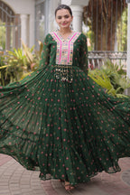 Green Georgette Printed Flared Anarkali Kurti with Mirror Work