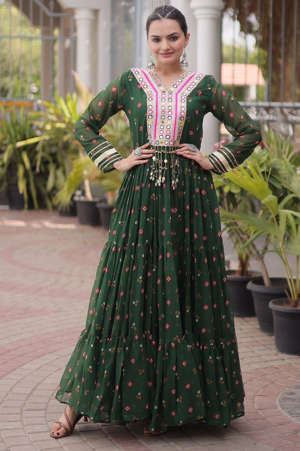 Green Georgette Printed Flared Anarkali Kurti with Mirror Work