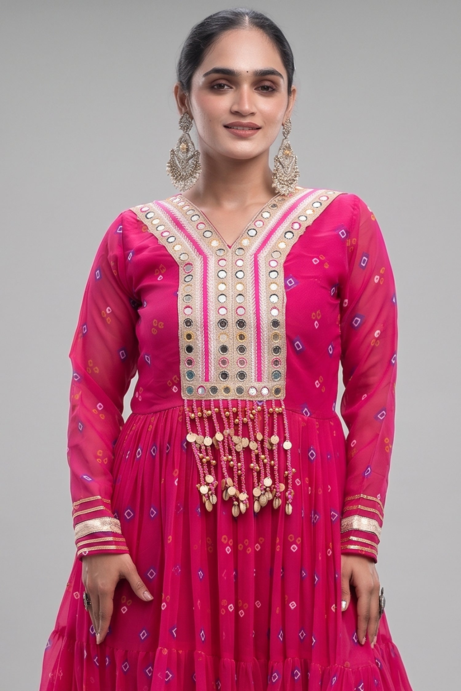 Pink Georgette Printed Flared Anarkali Kurti with Mirror Work Secondary image