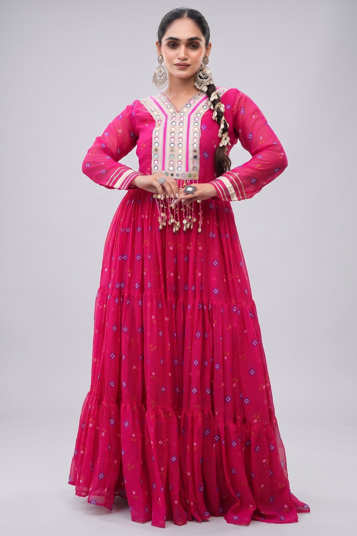 Pink Georgette Printed Flared Anarkali Kurti with Mirror Work Main image