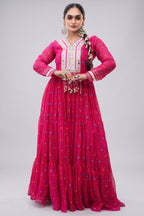 Pink Georgette Printed Flared Anarkali Kurti with Mirror Work