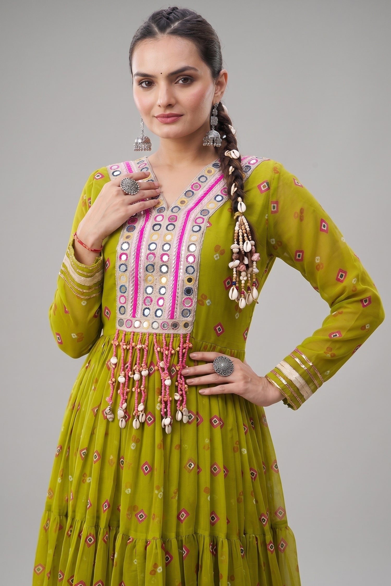 Green Georgette Printed Flared Anarkali Kurti with Mirror Work Secondary image
