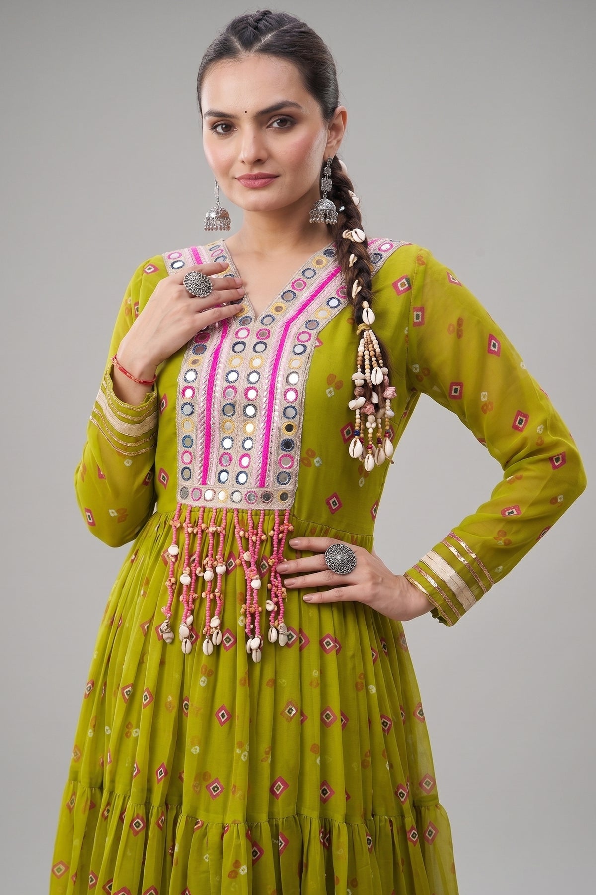 Green Georgette Printed Flared Anarkali Kurti with Mirror Work