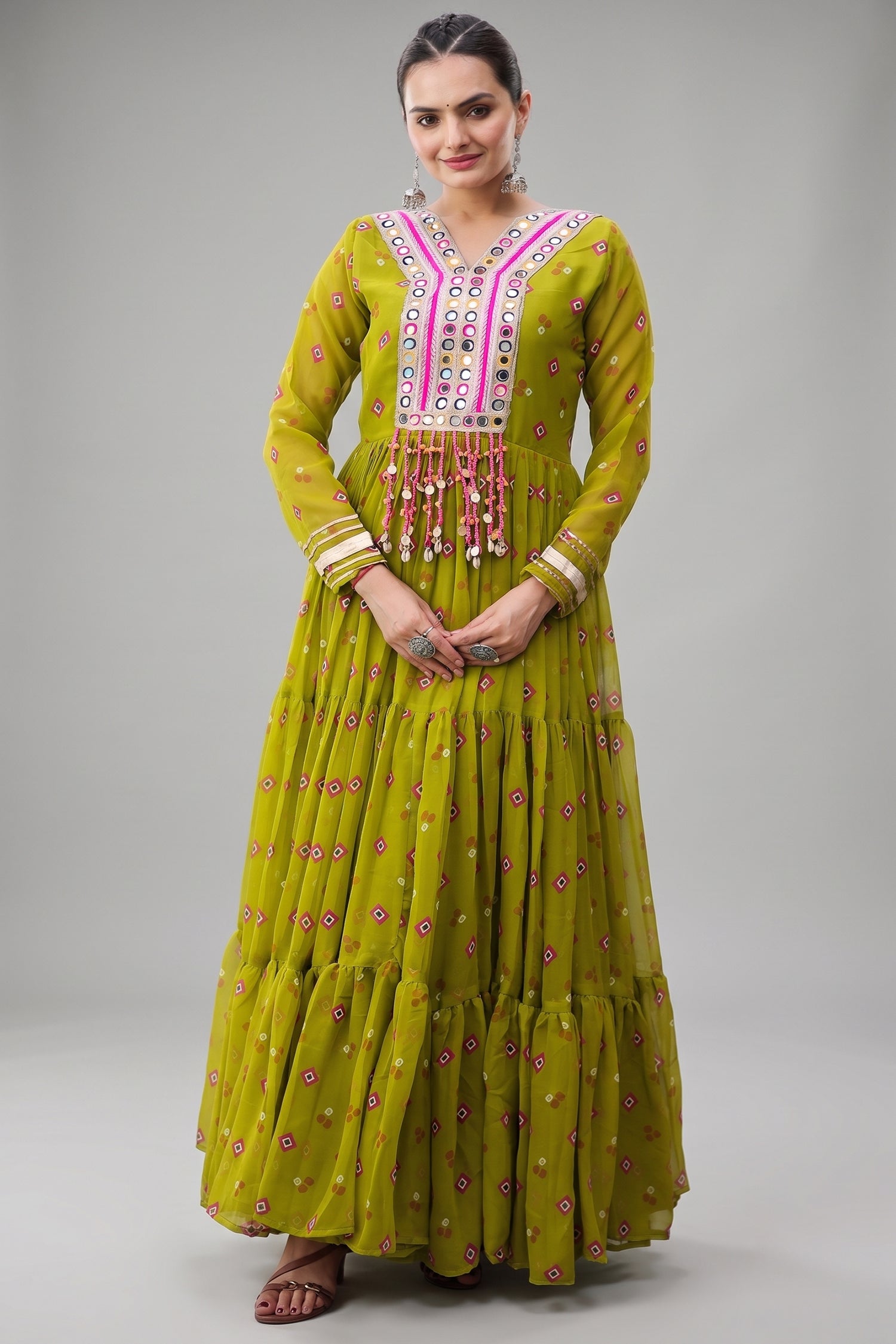 Green Georgette Printed Flared Anarkali Kurti with Mirror Work Main image