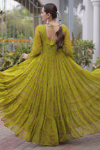 Green Georgette Printed Flared Anarkali Kurti with Mirror Work