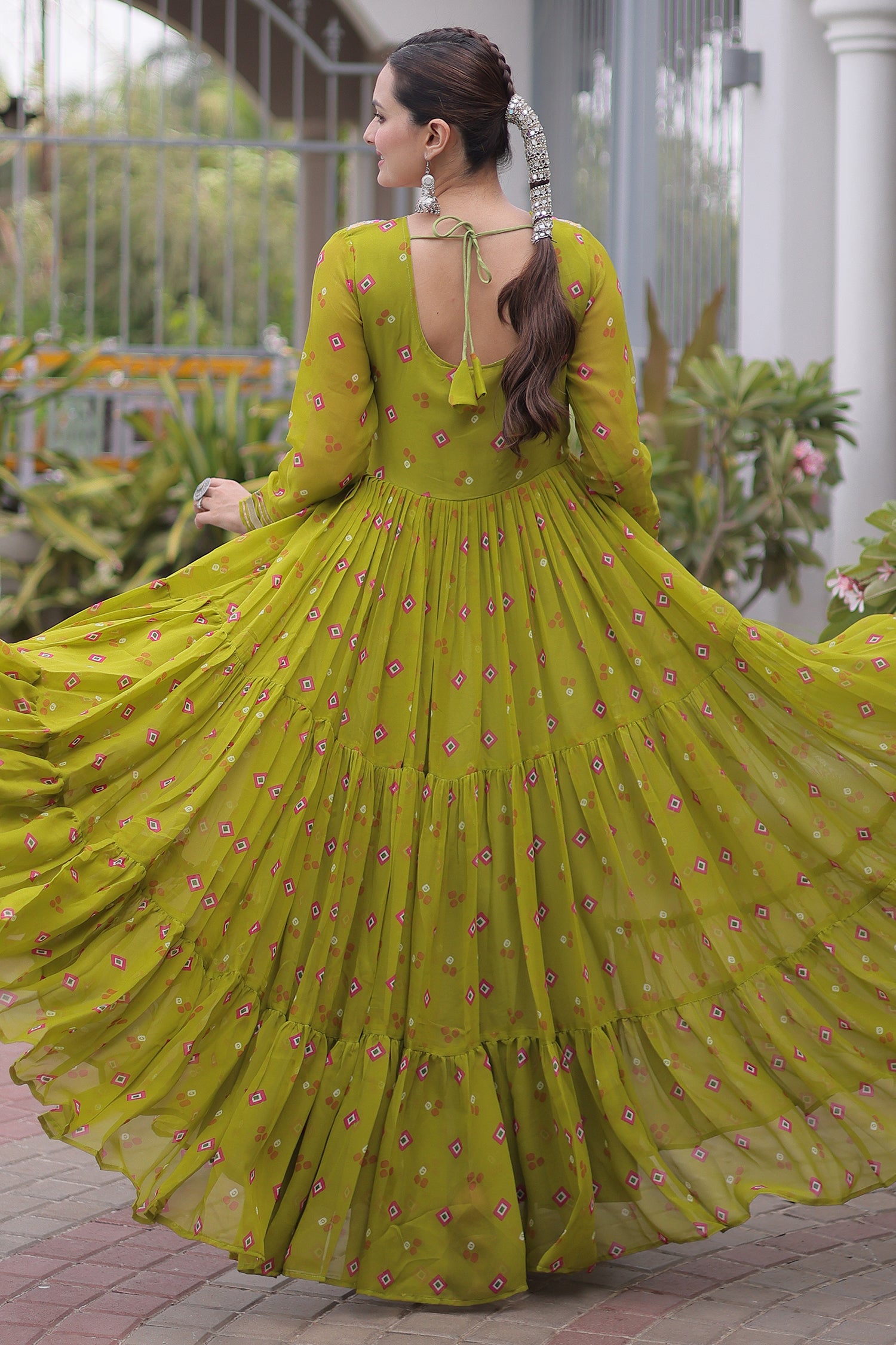 Green Georgette Printed Flared Anarkali Kurti with Mirror Work