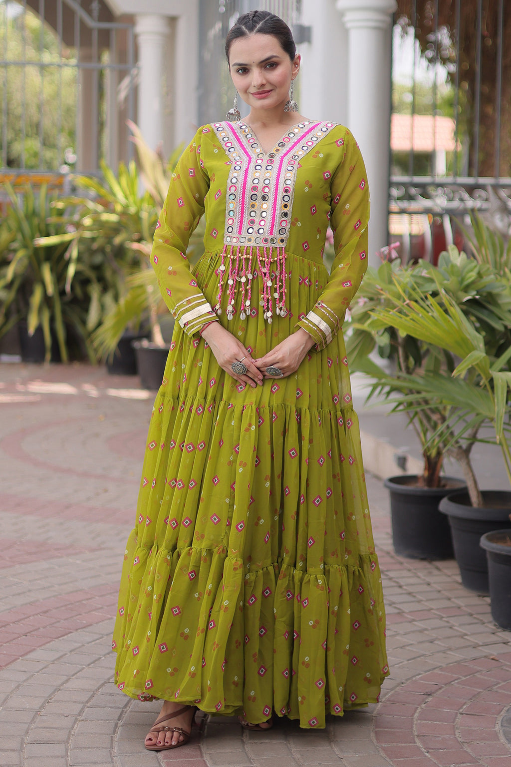Green Georgette Printed Flared Anarkali Kurti with Mirror Work