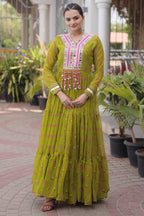 Green Georgette Printed Flared Anarkali Kurti with Mirror Work