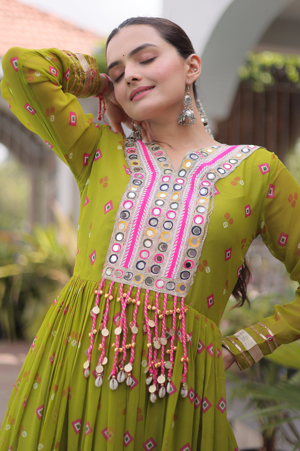Green Georgette Printed Flared Anarkali Kurti with Mirror Work