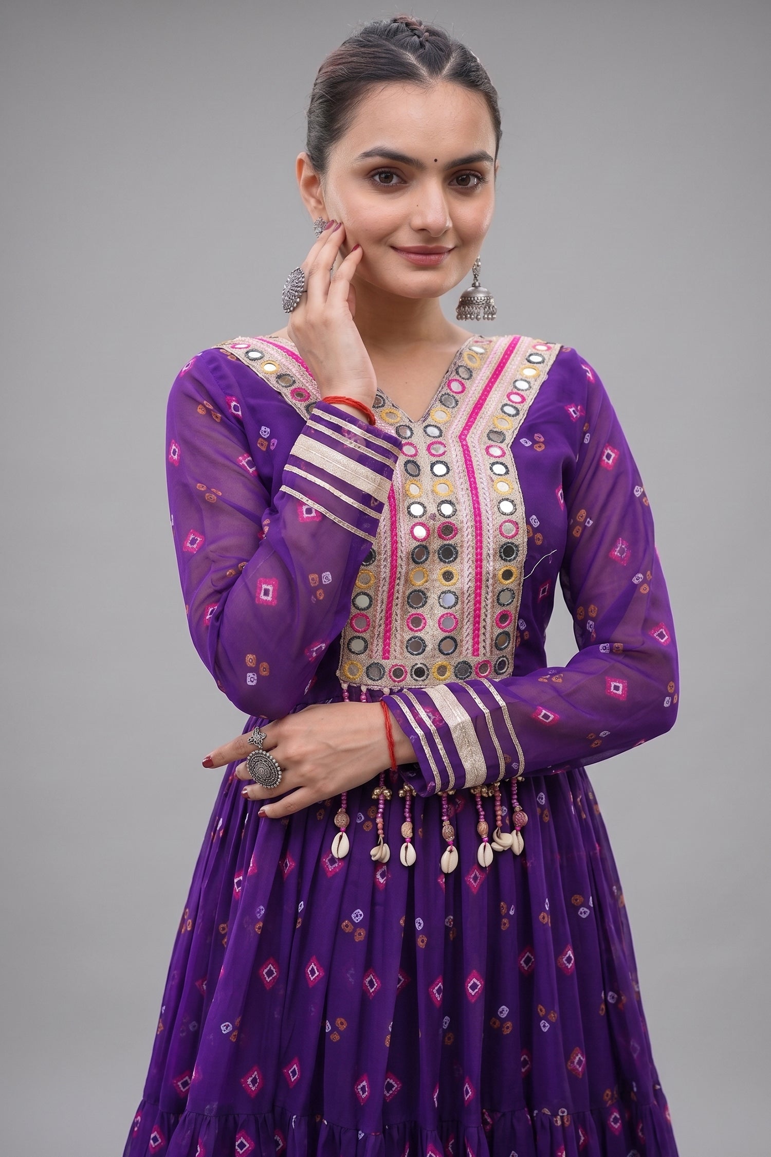 Purple Georgette Printed Flared Anarkali Kurti with Mirror Work Secondary image