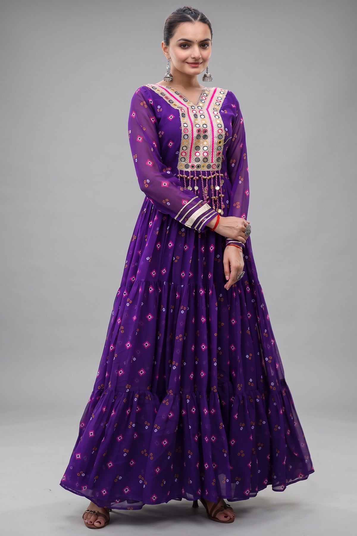 Purple Georgette Printed Flared Anarkali Kurti with Mirror Work Main image