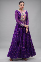 Purple Georgette Printed Flared Anarkali Kurti with Mirror Work