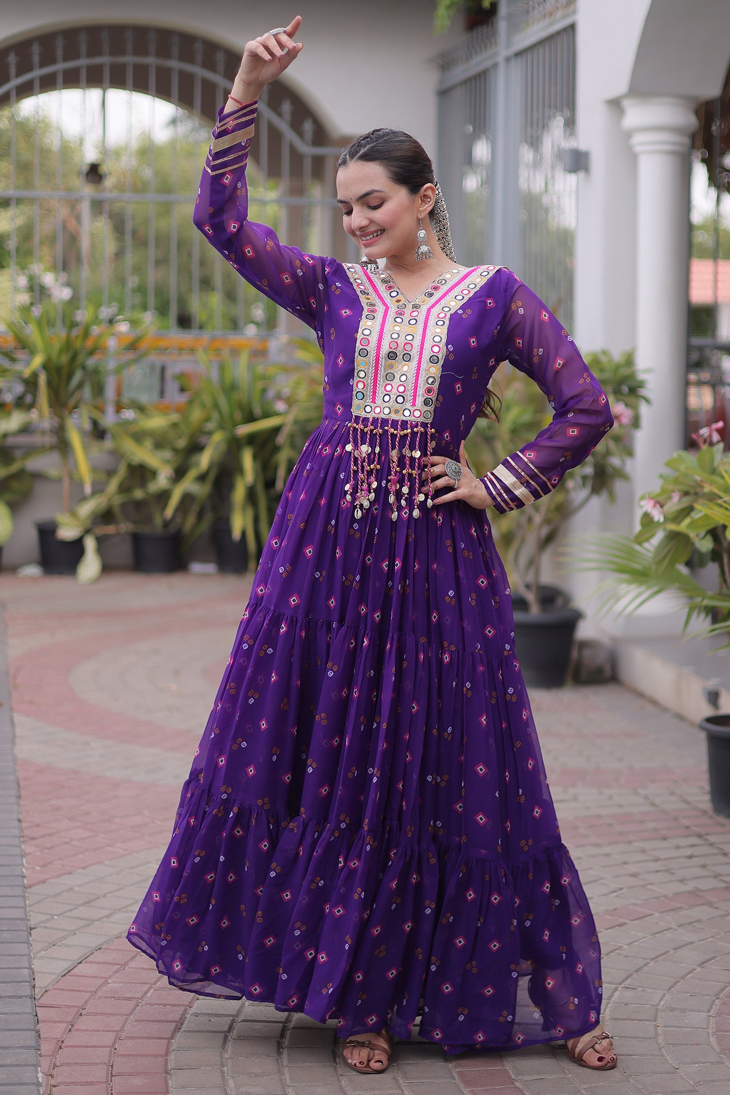 Purple Georgette Printed Flared Anarkali Kurti with Mirror Work