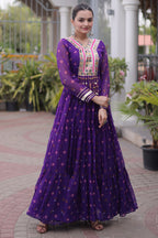 Purple Georgette Printed Flared Anarkali Kurti with Mirror Work