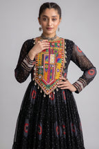 Black Georgette Bandhej Printed Flared Anarkali Kurti with Kachchi Work
