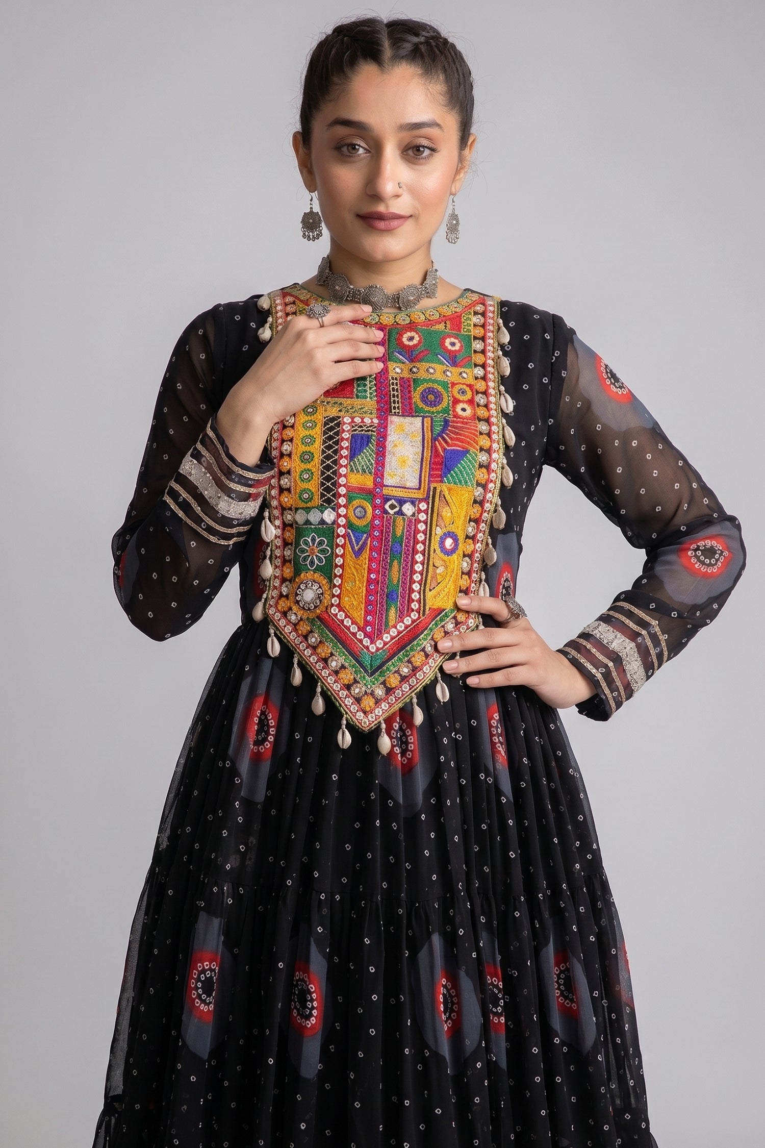 Black Georgette Bandhej Printed Flared Anarkali Kurti with Kachchi Work