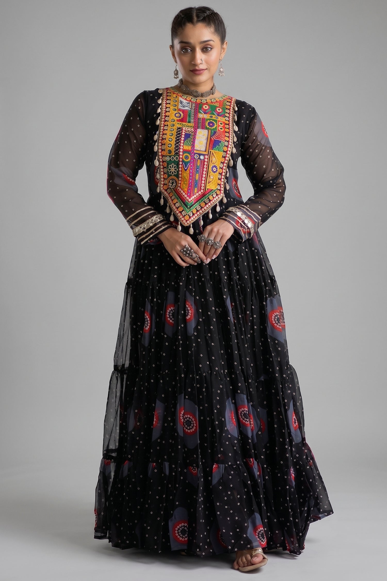 Black Georgette Bandhej Printed Flared Anarkali Kurti with Kachchi Work Main image