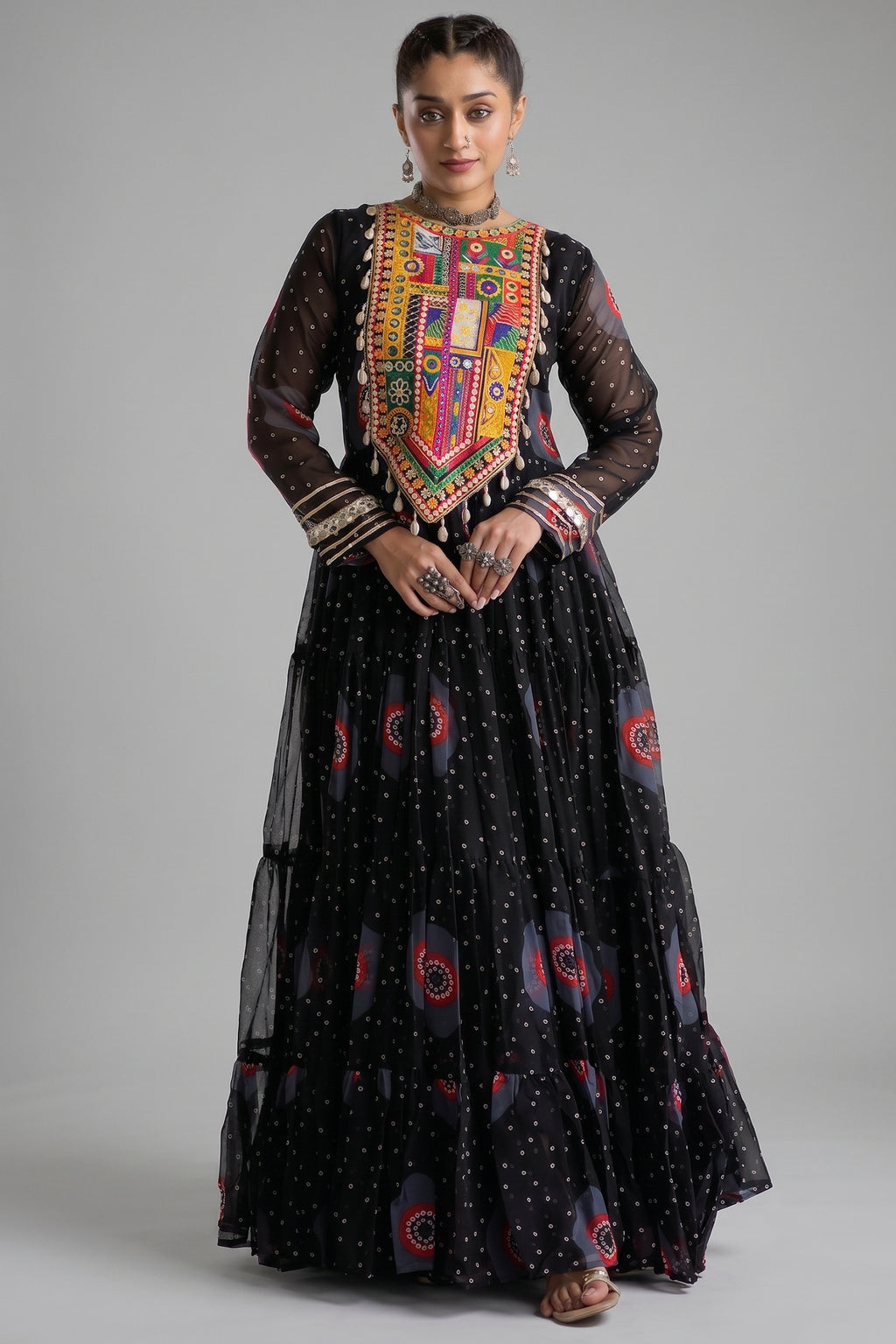 Black Georgette Bandhej Printed Flared Anarkali Kurti with Kachchi Work