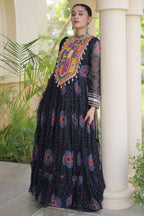 Black Georgette Bandhej Printed Flared Anarkali Kurti with Kachchi Work