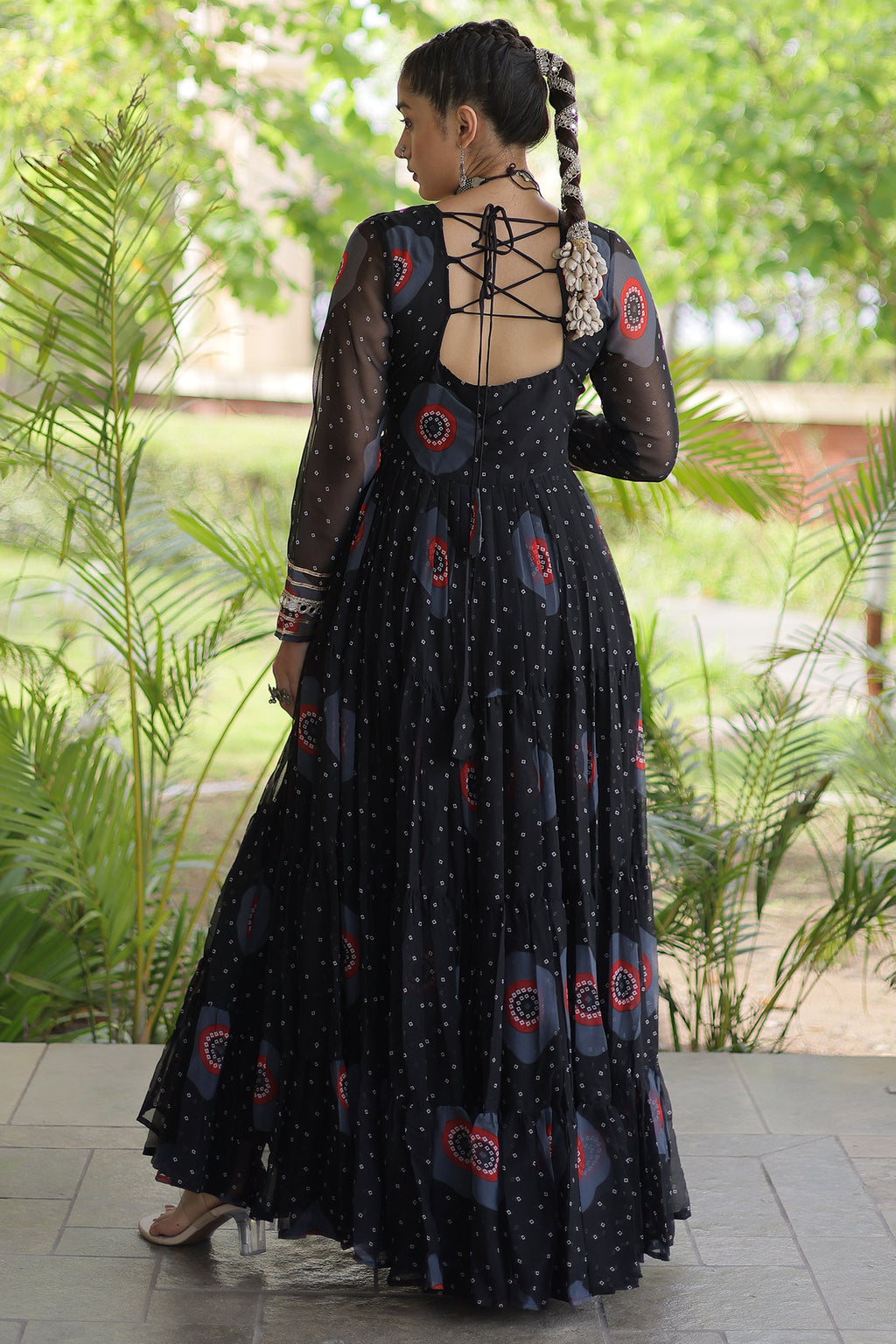 Black Georgette Bandhej Printed Flared Anarkali Kurti with Kachchi Work