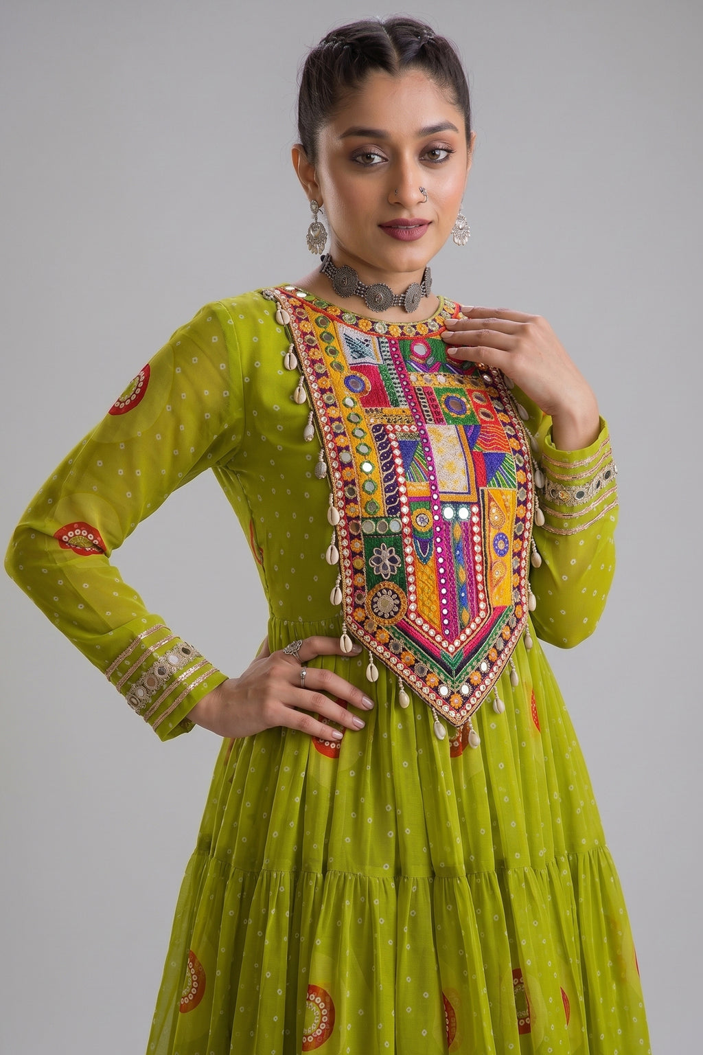 Parrot Green Georgette Bandhej Printed Flared Anarkali Kurti with Kachchi Work