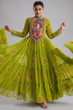 Parrot Green Georgette Bandhej Printed Flared Anarkali Kurti with Kachchi Work