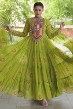 Parrot Green Georgette Bandhej Printed Flared Anarkali Kurti with Kachchi Work