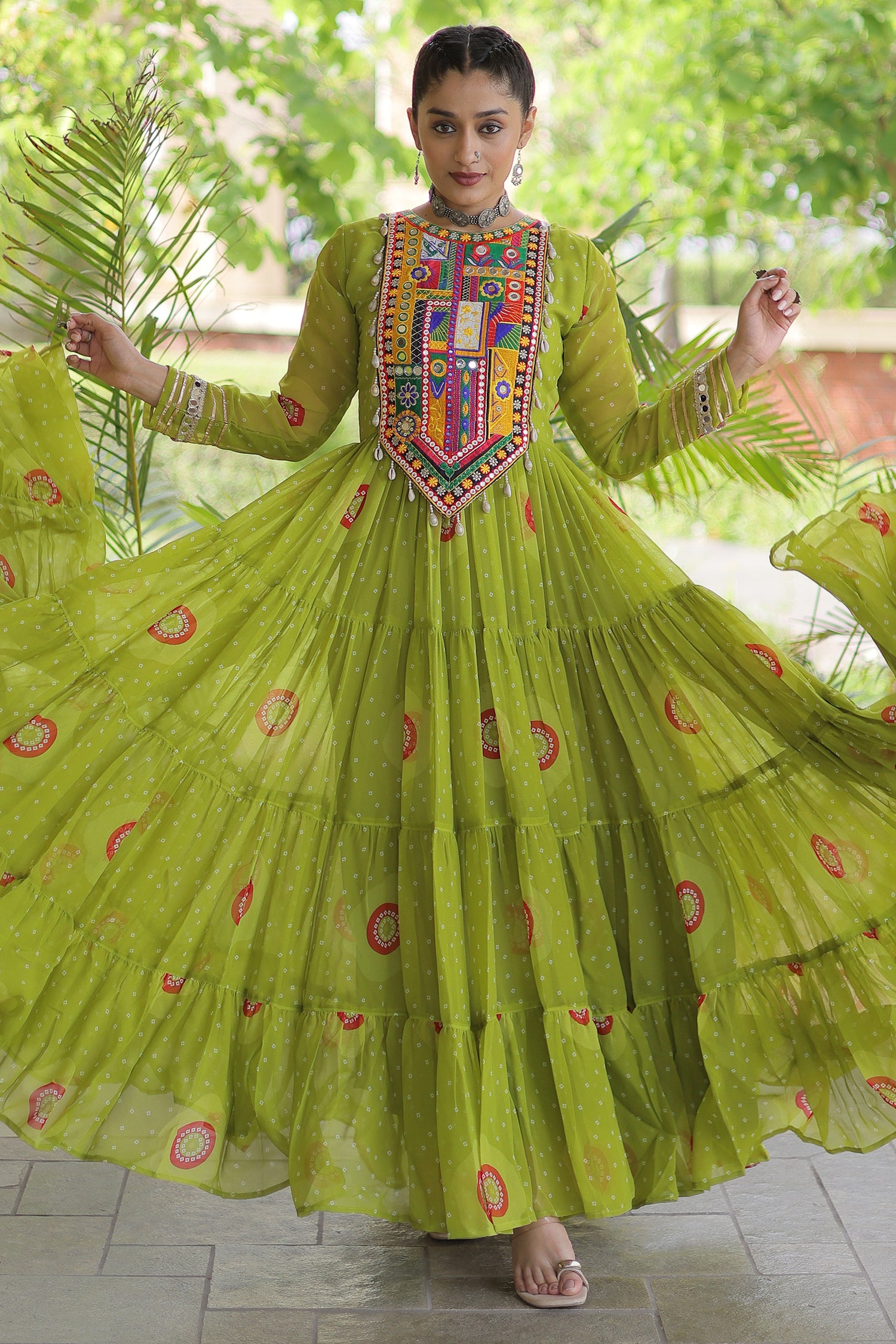 Parrot Green Georgette Bandhej Printed Flared Anarkali Kurti with Kachchi Work