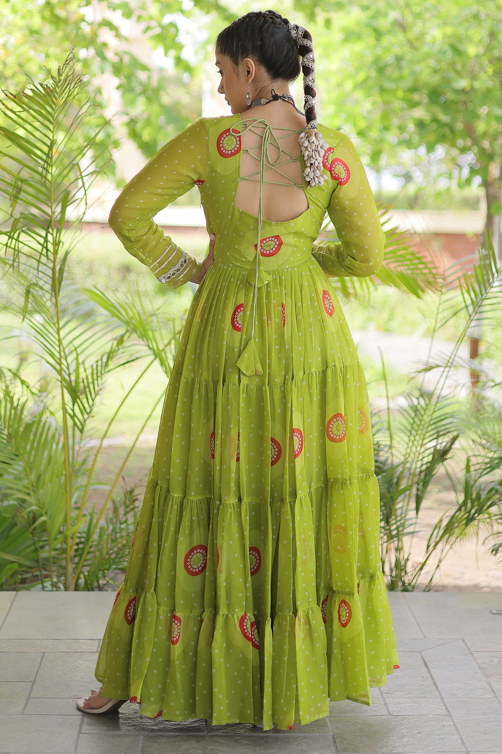 Parrot Green Georgette Bandhej Printed Flared Anarkali Kurti with Kachchi Work