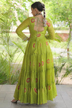 Parrot Green Georgette Bandhej Printed Flared Anarkali Kurti with Kachchi Work