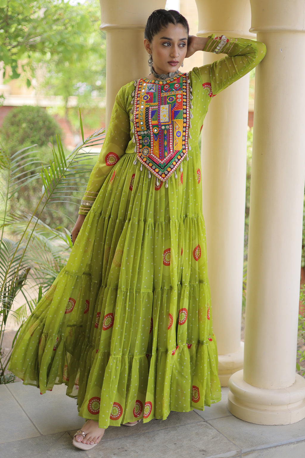 Parrot Green Georgette Bandhej Printed Flared Anarkali Kurti with Kachchi Work