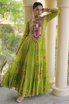 Parrot Green Georgette Bandhej Printed Flared Anarkali Kurti with Kachchi Work