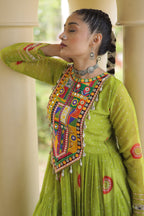 Parrot Green Georgette Bandhej Printed Flared Anarkali Kurti with Kachchi Work