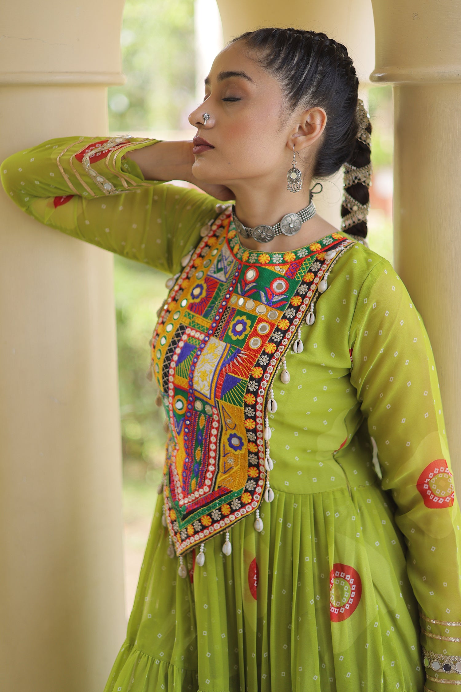 Parrot Green Georgette Bandhej Printed Flared Anarkali Kurti with Kachchi Work