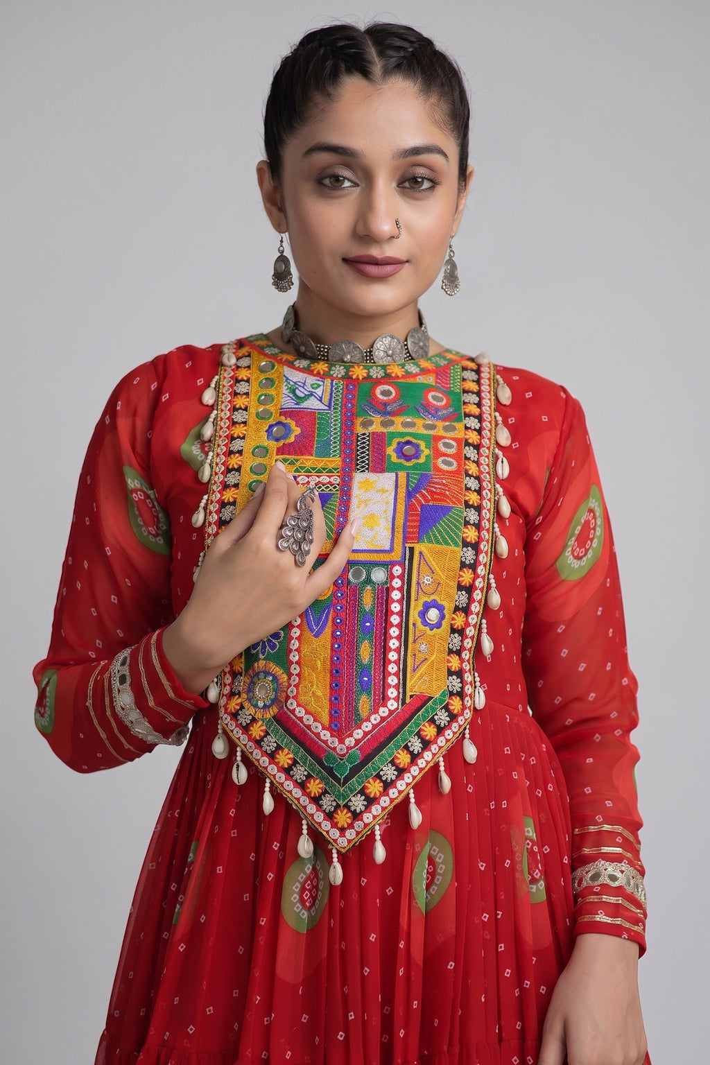 Red Georgette Bandhej Printed Flared Anarkali Kurti with Kachchi Work