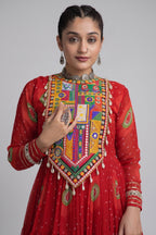 Red Georgette Bandhej Printed Flared Anarkali Kurti with Kachchi Work