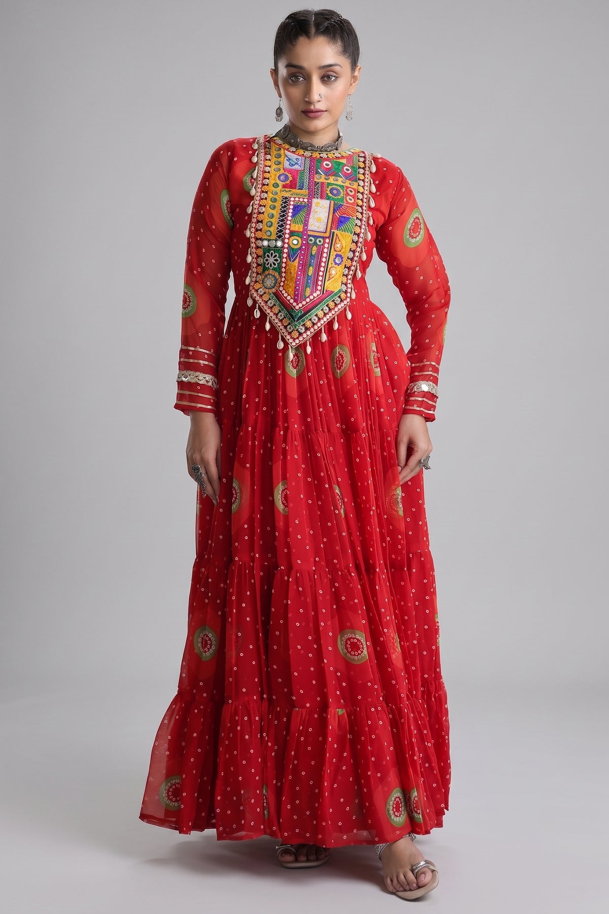 Red Georgette Bandhej Printed Flared Anarkali Kurti with Kachchi Work Main image