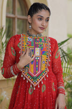 Red Georgette Bandhej Printed Flared Anarkali Kurti with Kachchi Work