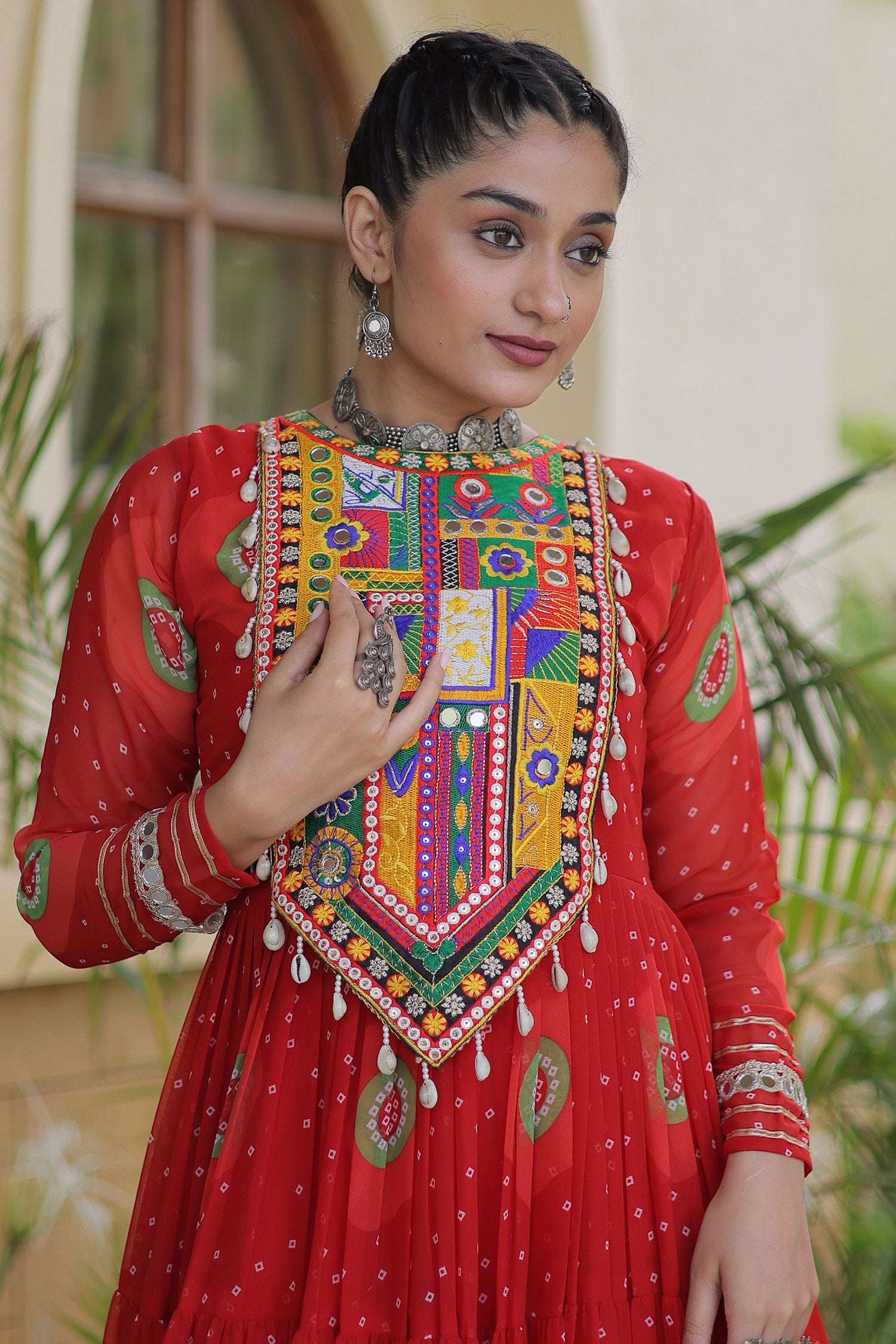 Red Georgette Bandhej Printed Flared Anarkali Kurti with Kachchi Work