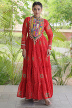 Red Georgette Bandhej Printed Flared Anarkali Kurti with Kachchi Work