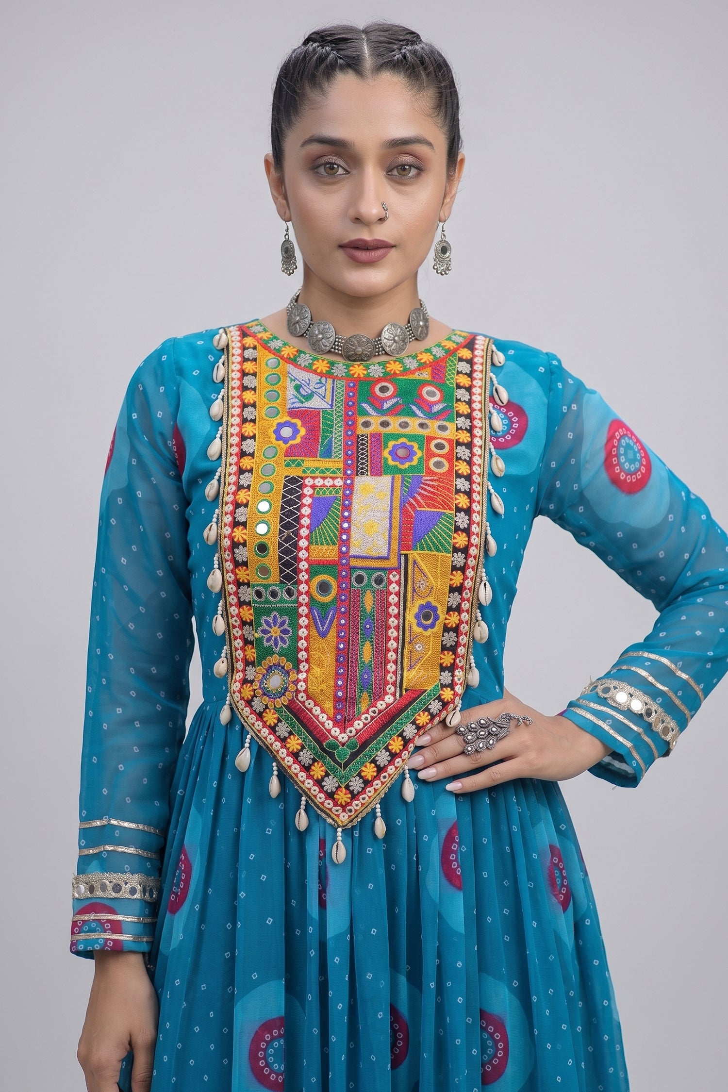 Blue Georgette Bandhej Printed Flared Anarkali Kurti with Kachchi Work Secondary image
