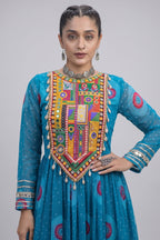 Blue Georgette Bandhej Printed Flared Anarkali Kurti with Kachchi Work