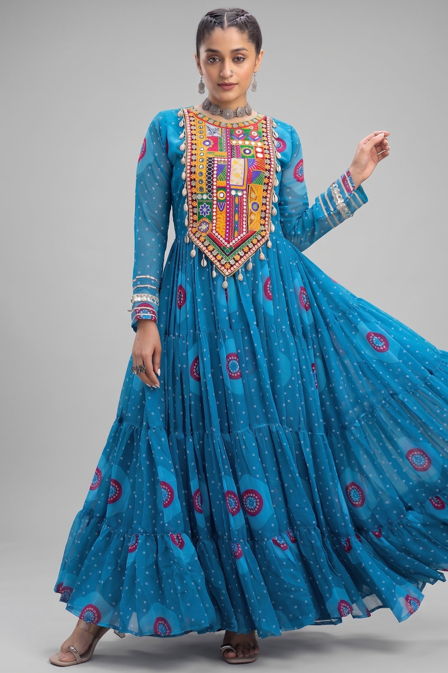 Blue Georgette Bandhej Printed Flared Anarkali Kurti with Kachchi Work Main image