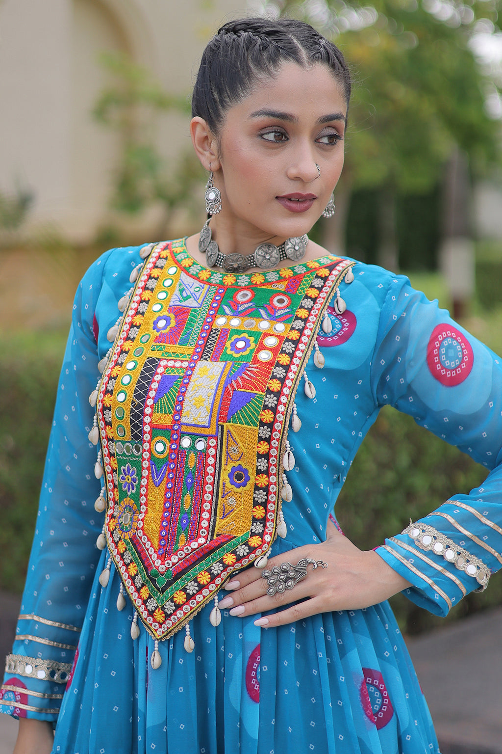 Blue Georgette Bandhej Printed Flared Anarkali Kurti with Kachchi Work