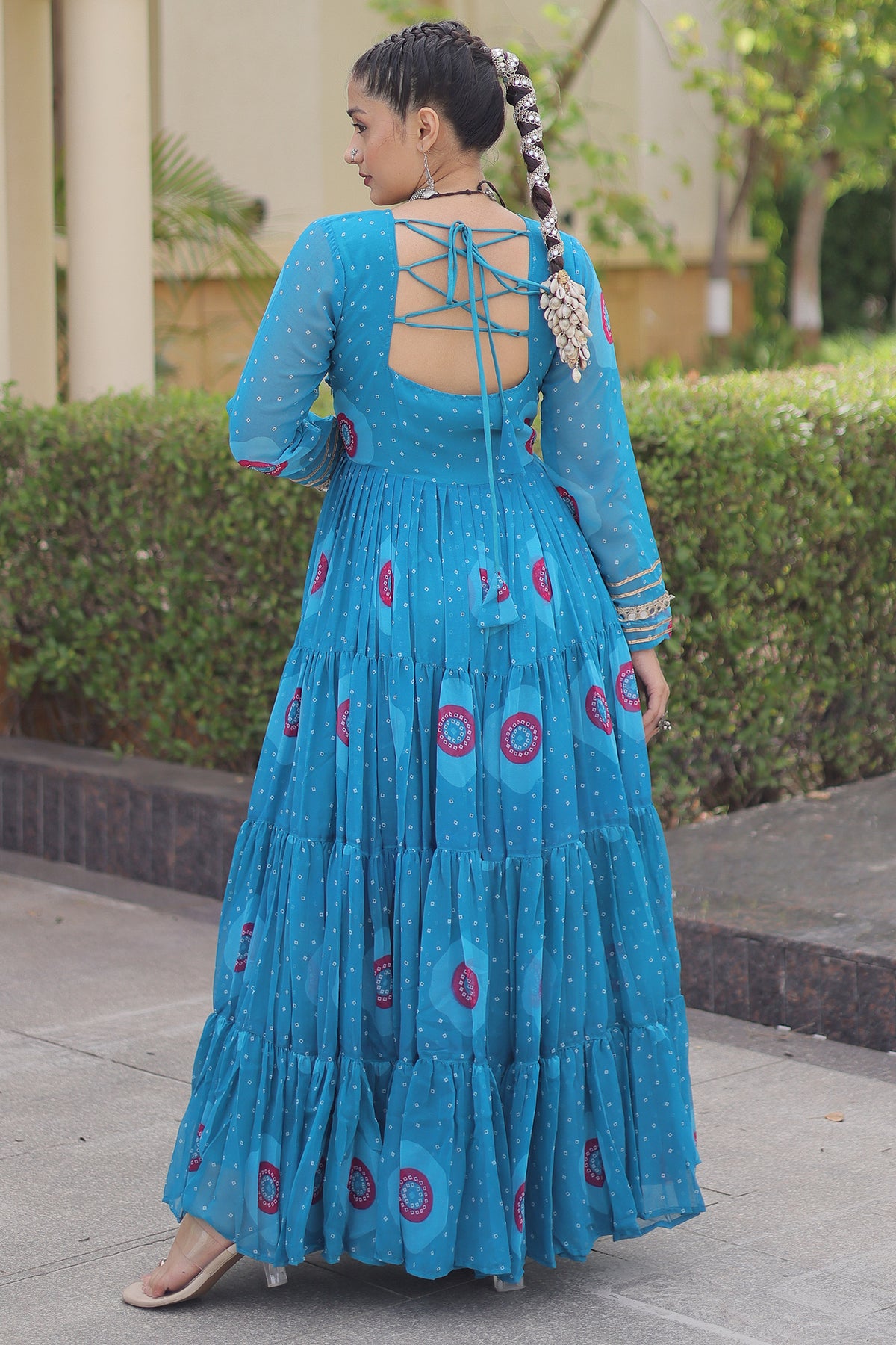 Blue Georgette Bandhej Printed Flared Anarkali Kurti with Kachchi Work