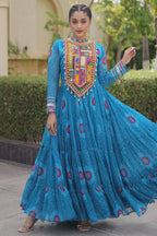 Blue Georgette Bandhej Printed Flared Anarkali Kurti with Kachchi Work